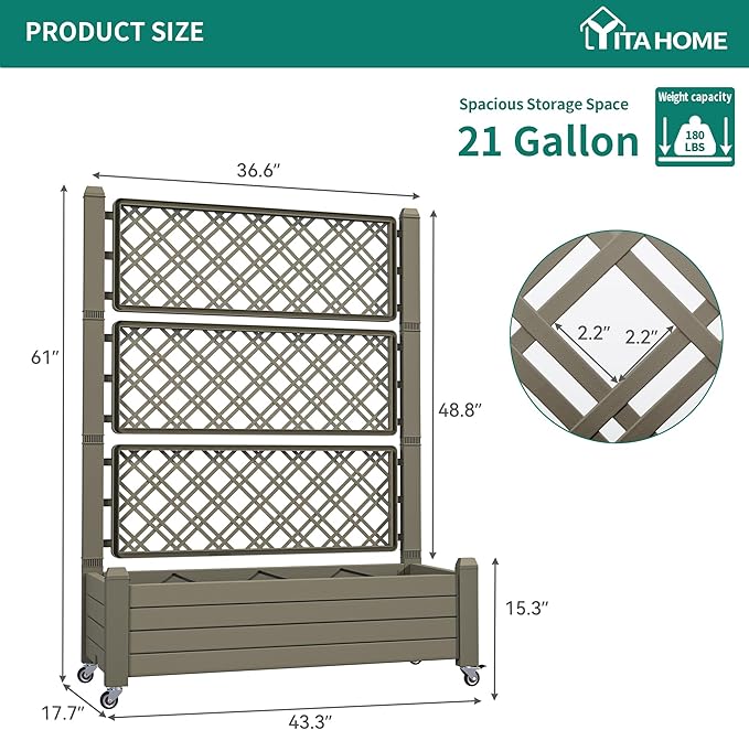 YITAHOME 43.3x17.7x61 in Planter Trellis Box with Wheels & Drain Plug, Outdoor Resin Raised Garden Bed for Climbing Plants, Large Weather-Resistant Design, Light Brown