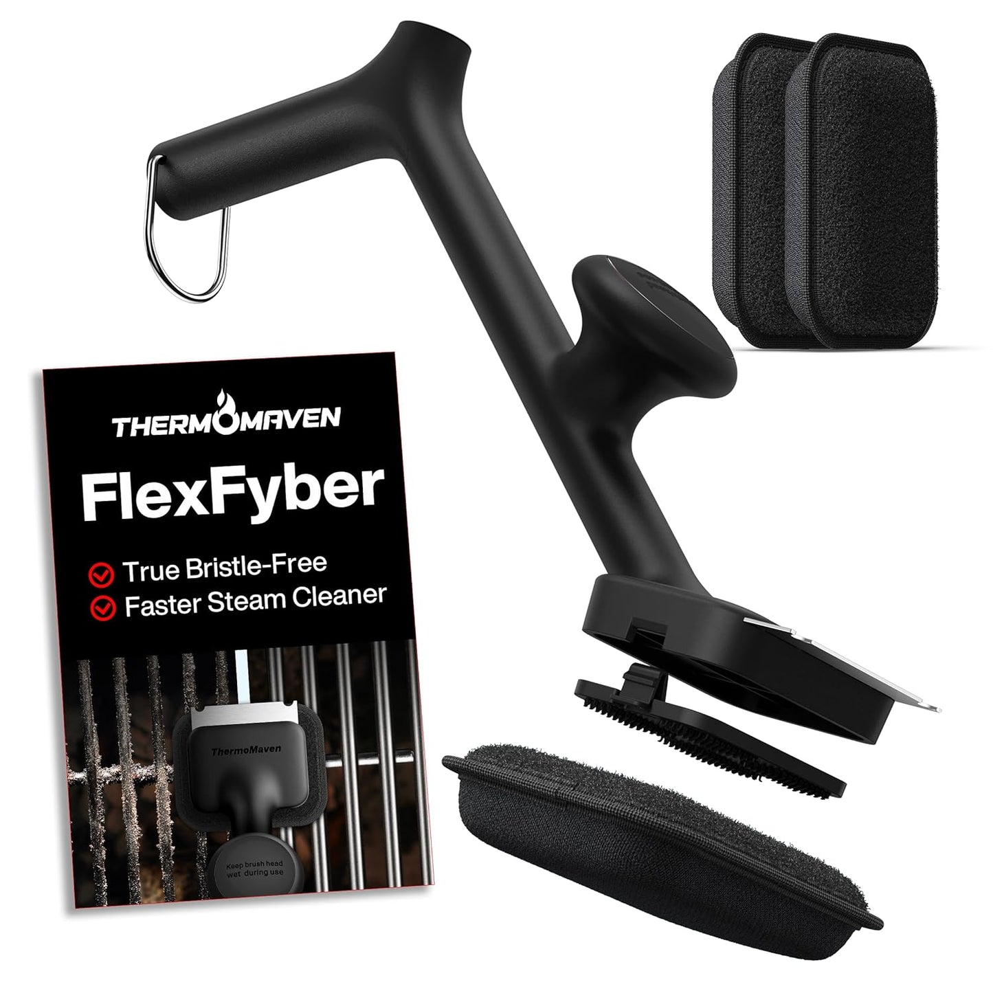 Grill Brush Bristle Free with 3 Replacement Brush Heads, Steam Grill Brush with Scraper, Non Metal Bristles for Cast Iron, Stainless-Steel Grates, Safe for Non-Stick Surface, Black