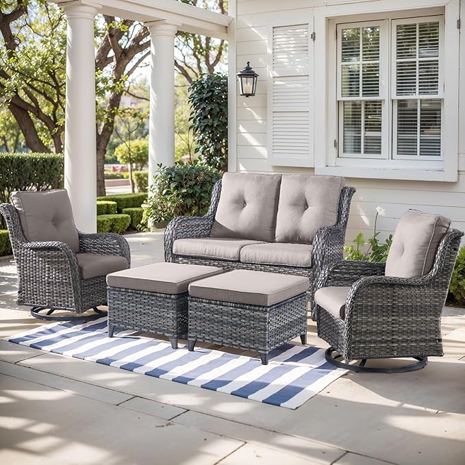 Outdoor Wicker Patio Furniture Set - 5 Piece Rattan Patio Conversation Set with 2 Rocking Swivel Chairs,2 Ottomans and 1 Loveseat for Porch Deck Backyard Garden(Mixed Grey/Grey)