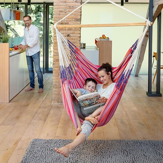 LA SIESTA - XL King Habana Cotton Hammock Swing - Indoor/Outdoor Boho Hanging Chair - Max 355 Lbs, Flamingo