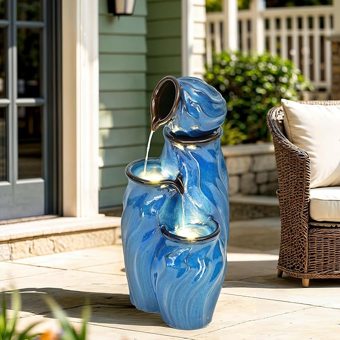 29" Tall Ceramic Outdoor Water Fountain with LED Lights, 4-Tier Cascading Jars Water Feature, Tranquil Waterfall for Relaxing Garden, Patio, Yard, or Porch, Turquoise, Dynamic Wave-Texture
