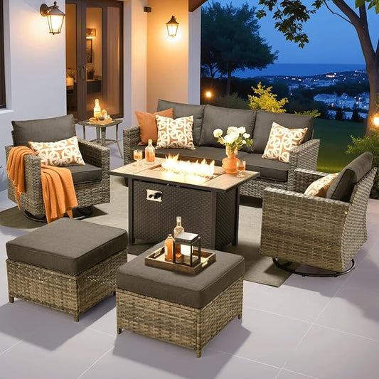 ovios 7 Pieces Patio Furniture Set with 42" Fire Pit Table, Outdoor Wicker Sofa with Swivel Chairs, All Weather High Back Rattan Couch Conversation Set, Black