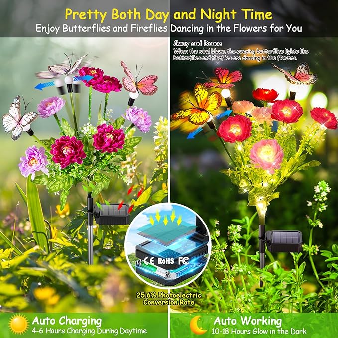 Solar Garden Lights, 3 Pack Swaying Solar Lights with 9 Butterflies & 21 Blooming Flowers, Solar Flowers Lights Outdoor Waterproof, Auto On/Off Solar Outdoor Lights for Yard Patio, Gift
