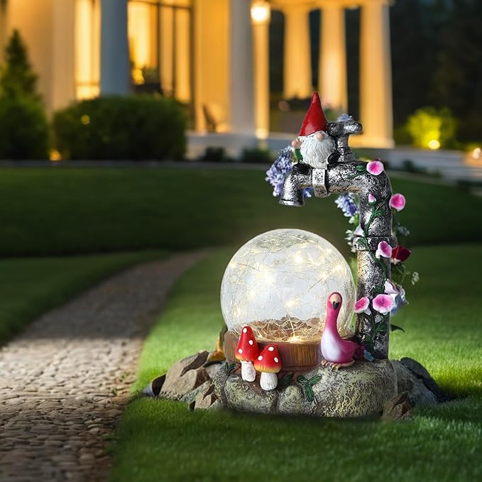 Solar Garden Outdoor Decor Dwarf Statue with Crackle Globe, Outside - Outdoor Decorations for Patio Yard Lawn Walkway Ornaments Clearance Ideal Gifts for Mom Grandma Birthday
