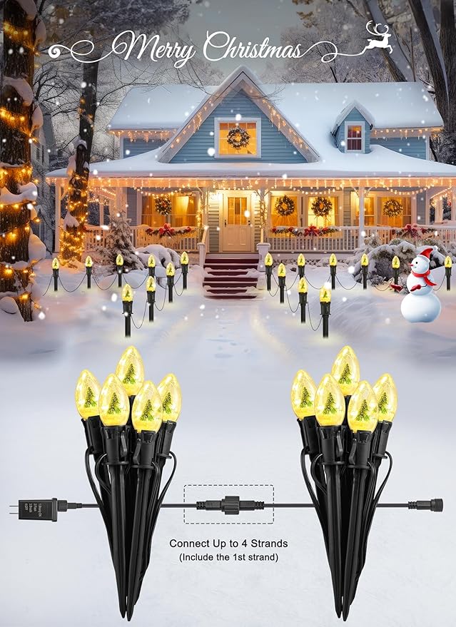 C9 Christmas Pathway Lights Outdoor, 25Ft 20 LED Christmas String Lights with Stakes, 3 Light Modes, Waterproof Connectable Christmas Decorations for Outside Lawn Yard Sidewalk Driveway, Warm White