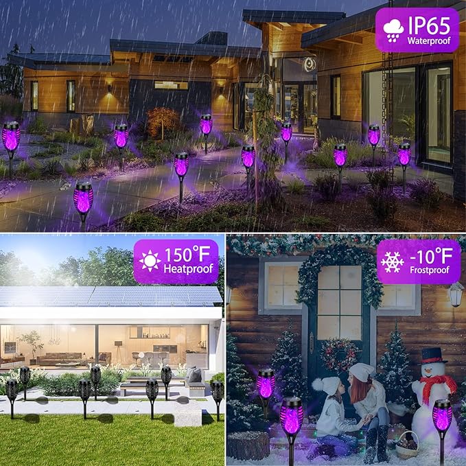 Solar Lights Outdoor, Upgraded 12 Pack Purple Solar Torch Light with Flickering Flame Waterproof for Garden Decor, Flame Torches for Outside Landscape Porch Yard Pathway Decorations