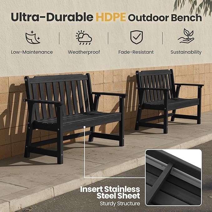 Ciokea 46" Heavy Duty Outdoor Bench Set of 2, HDPE Weatherproof Garden Bench, 2-Person Memorial Benches with 660 Lbs, Waterproof Patio Porch Benches for Outside Business Deck Office Backyard, Black