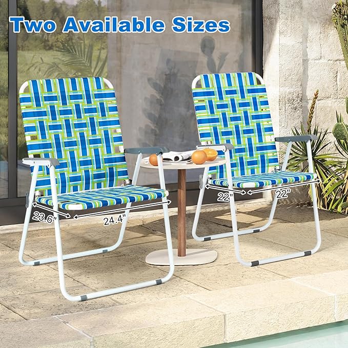 VINGLI Oversize Patio Lawn Webbed Folding Chairs Set of 2, Outdoor Beach Chair Portable Dining Chair for Outdoor Yard, Garden (Blue, Oversized)
