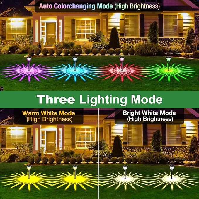 8 Pack 3 Mode Solar Pathway Lights for Outdoor Color Changing/Warm White/Bright White Waterproof Garden Stainless Steel Landscape Path Lighting Walkway Yard Lights Glass LED RGB Black