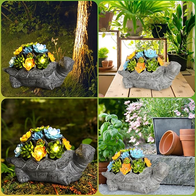 SIX FOXES Solar Garden Outdoor Statues Turtle with Succulent LED Lights - Large Size XXL(10.2×4.3×5.9 inches), Gifts for Mothers Day Mom Gifts for Women Grandma Wife