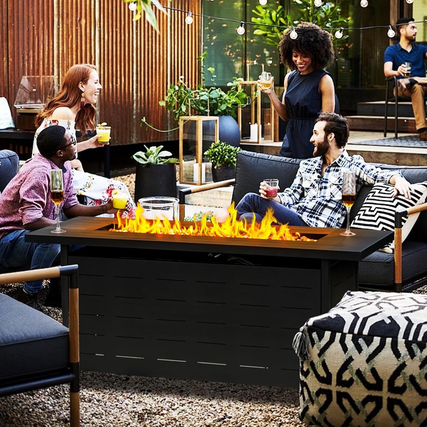 57 inch Propane Fire Pit Table,50000 BTU Gas Fire Pits Table with Lid & Lava Rock & Waterproof Cover, Outdoor Propane Firepit for Dining or Party, Outside, Patio, Garden, Yard