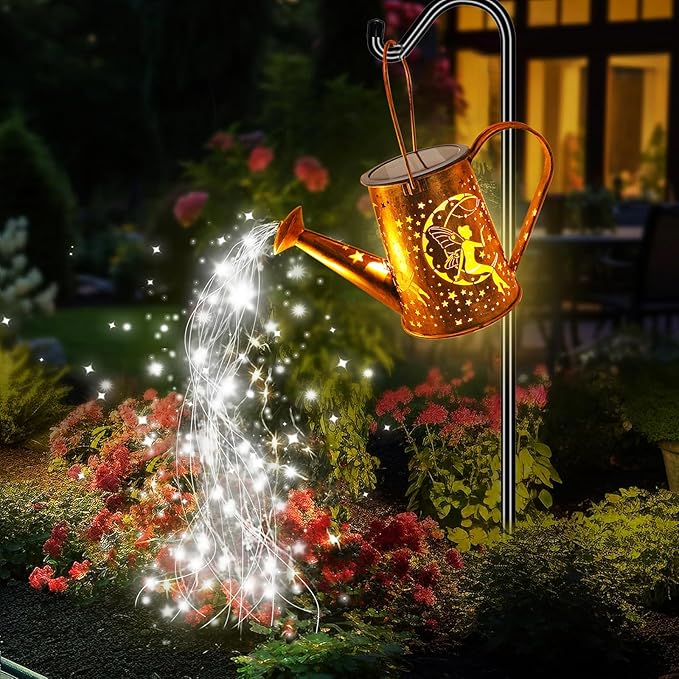 Big Solar Powered Watering Can Lantern & Moon Fairy Garden Decor Set Outdoor Waterproof Hanging Path Lights with Shepherd Hooks, Perfect Patio Decor Gardening Gift for Women, Mom, Grandma (Cool White)