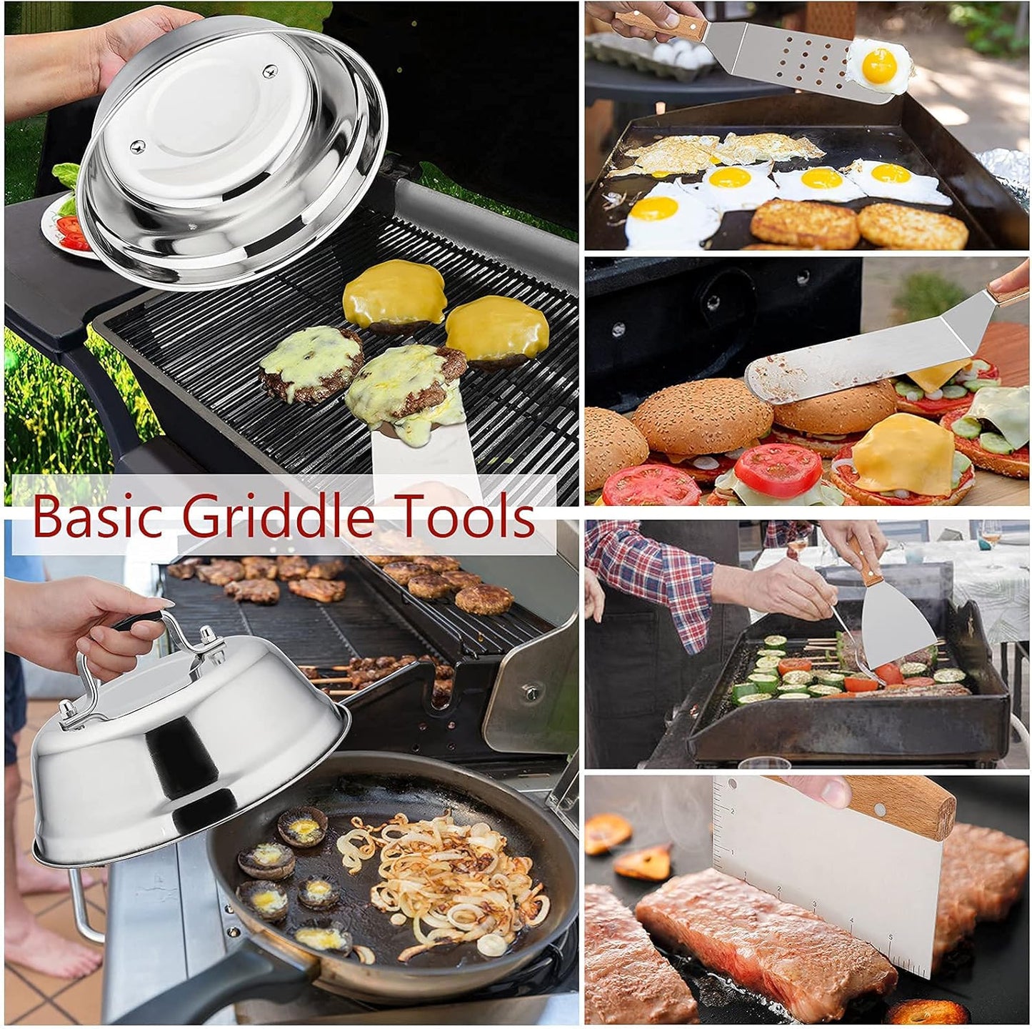 HaSteeL Griddle Accessories Set of 20, Complete Stainless Steel Griddle Spatula Tools with 9” Melting Dome, Heavy Duty Metal Spatulas Choppers Cast Iron Grill Press for Flat Top Teppanyaki BBQ Outdoor