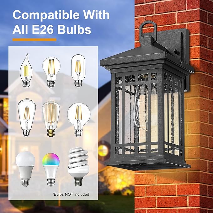 Outdoor Porch Lights Wall Mount, 12.4 Inch Outdoor Wall Lantern With E26 Sockets & Seeded Glass, Classic Exterior Lighting Fixtures, Waterproof Porch Light Fixtures For Garage (Bulbs Not Include)