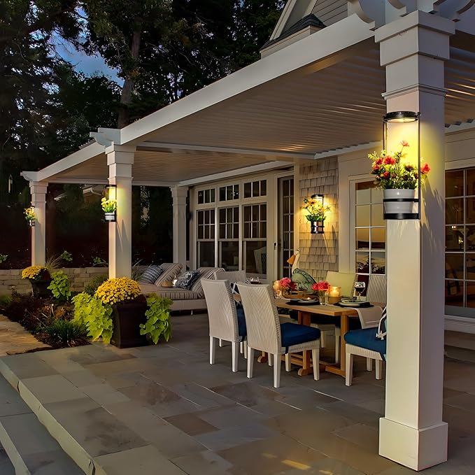 Solar Yard Wall Light with Plant Stands, Wireless Outdoor Solar Wall Lamp with 2 Modes & IP45 Waterproof Dusk to Dawn LED Outdoor Solar Lights for Garden Patio Yard Decoration (1Pack)