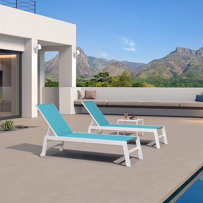 PURPLE LEAF Lounge Chair Outdoor Set of 4 White Aluminum Lounge Chairs with Wheels and Table Outdoor Chaise Lounge for Patio Pool Yard, Turquoise