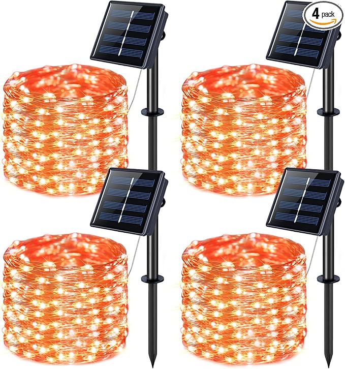 JMEXSUSS 4 Pack Orange Solar Fairy Lights, Total 400 LED 132 FT Orange Halloween Light, 8 Modes Copper Wire Solar String Lights Outdoor Waterproof for Halloween Garden Yard Tree Christmas Decor