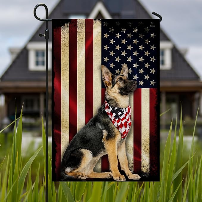 FLAGWIX Flags - German Shepherd American Flag MRPSL196F, Garden Flag (11.5" x 17.5") - USA House Garden Flags Premium Polyester - Decorative Outdoor Flags