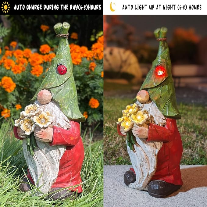 Garden Gnome Statue Outdoor Decor, Solar Garden Gnome Figurine Light, Resin Statues Sculpture for Patio Yard Lawn Outdoor Decorations