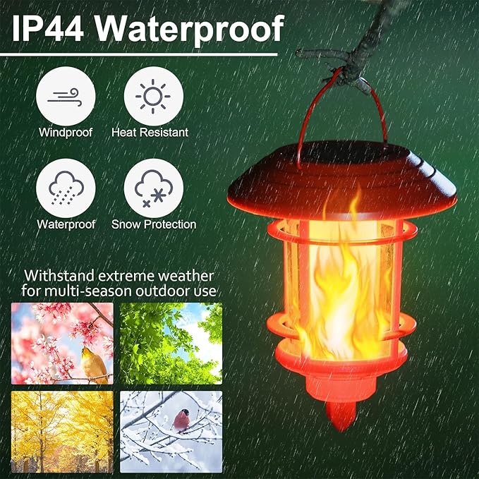 Dynaming 6 Pack Christmas Solar Flame Garden Lights Outdoor, Dual Use Flickering Flame Torch Candy Cane Pathway Marker, Xmas Hanging Lantern Lights, Waterproof & Auto On/Off for Patio Walkway Driveway