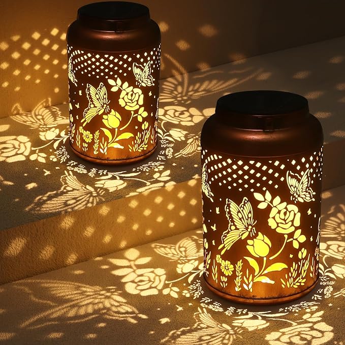 2 Pack Solar Lanterns Outdoor Waterproof, Butterfly Rose Garden Decor Birthday Gifts for Women Mom Grandma Hanging Solar Lights Metal Solar Decoration Outside for Yard, Patio, Lawn, Pathway