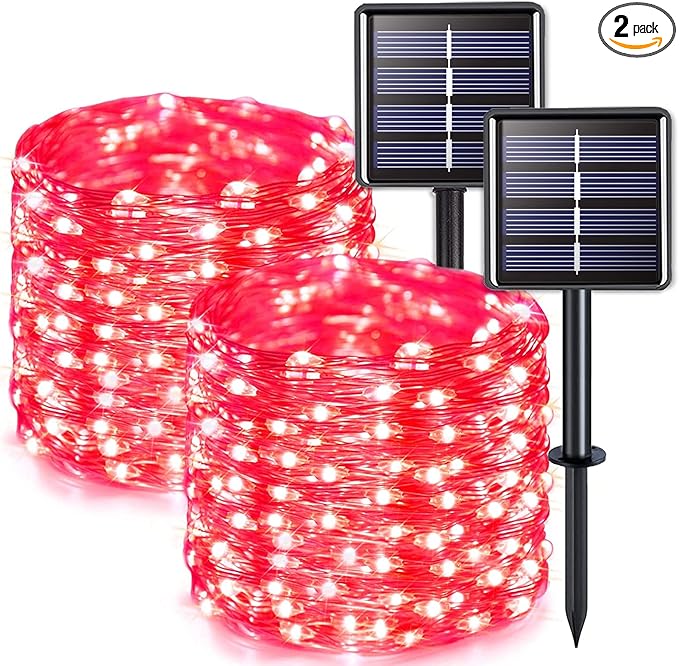 JMEXSUSS 2 Pack Solar Fairy Lights, 33FT 100 LED Red Outdoor Waterproof String Lights for Outside Tree Party Patio Christmas Valentine Day Decorations