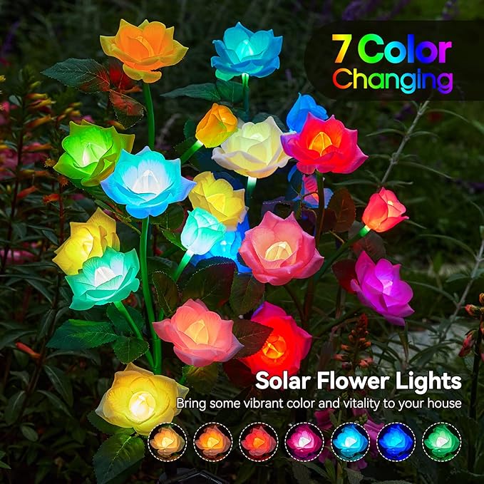 KOOPER 6 Pack Solar Lights Outdoor Garden Decor, 7 Color Changing Solar Flowers Outdoor Waterproof with 30 Bigger & Realistic Rose, Enlarged Size Panel for Patio Yard Garden Cemetery Decoration, Gifts