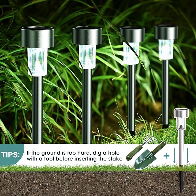 GIGALUMI Solar Lights Outdoor Waterproof, 12 Pack, Stainless Steel LED Solar Garden Lights for Patio, Lawn, Yard and Landscape, Cold White