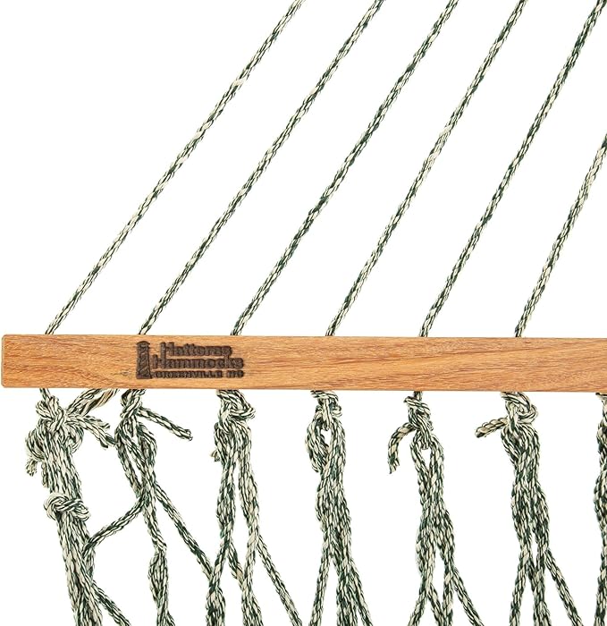 Hatteras Hammocks Deluxe Green Oatmeal Heirloom Tweed DuraCord Rope Hammock – 13 ft. x 60 in., 2-Person, 450 lb Capacity, Cumaru Spreader Bar, Zinc-Plated Hardware – Handcrafted in The USA