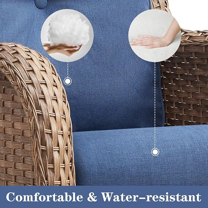 Wicker Outdoor Furniture Patio Furniture Set - 6 Piece Patio Conversation Set with Swivel Rocker Chairs, Loveseat Sofa, Ottomans and Coffee Table, Blue Cushion