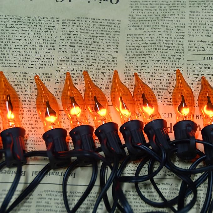 Flickering Flame String Lights Orange Halloween Lights with 10 Pack C7 Orange Flame Light Bulbs, 12.8Ft Orange Flame String Lights for Halloween Decorations for Home Party Yard