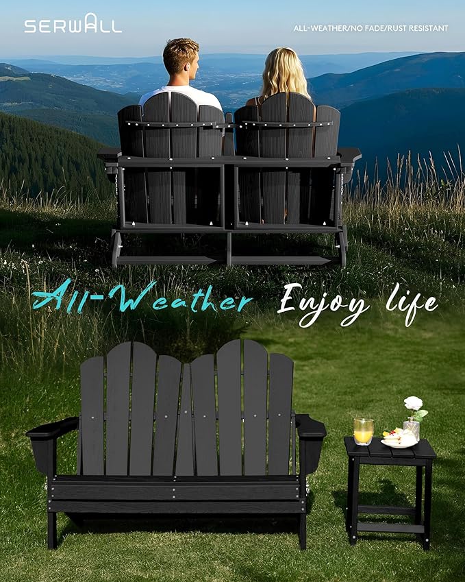 SERWALL Folding Adirondack Bench, HDPE All-Weather Adirondack Loveseat, 660 lbs Capacity, Foldable Outdoor Patio Bench for Deck, Lawn, Garden, Black