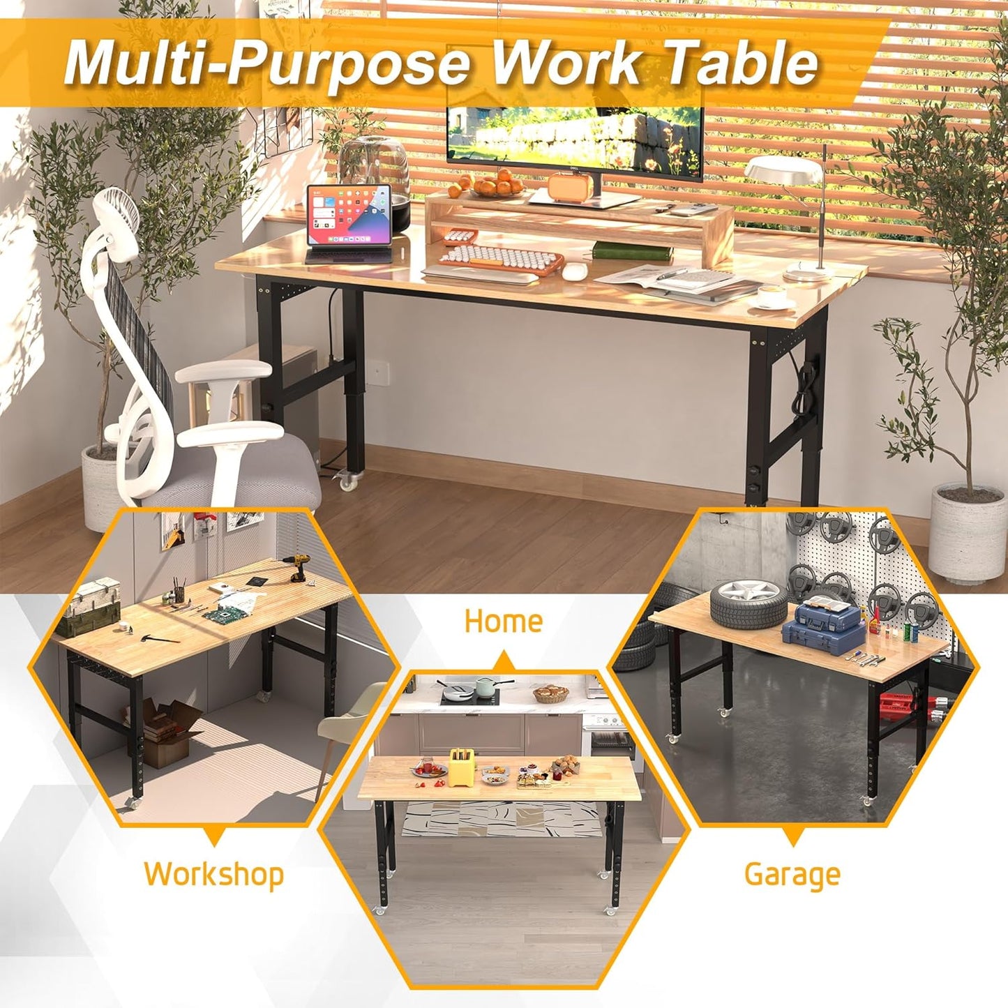 70’’ Work Bench Adjustable Workbench Heavy Duty Work Table with Power outlets, Pegboard, Wheels and Foot Pads, 2000 Lbs Capacity Hardwood Work Benches for Garage, Workshop, Office, Home