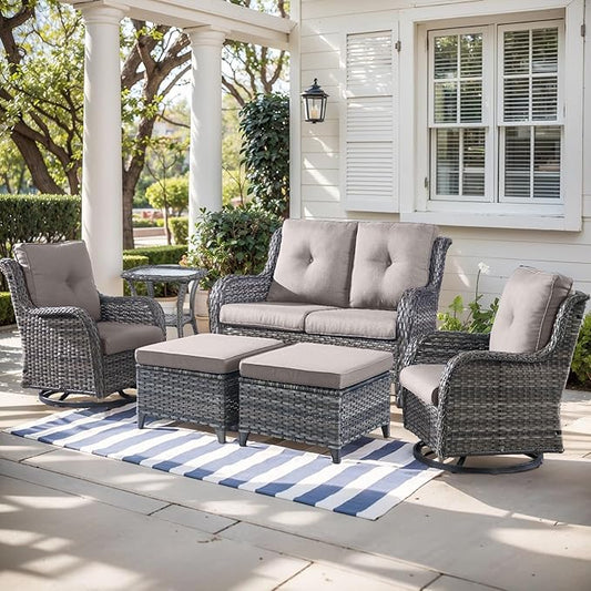 Outdoor Wicker Patio Furniture Set - 6 Piece Rattan Patio Conversation Set with 2 Rocking Swivel Chairs,2 Ottomans,1 Loveseat and 1 Side Table for Porch Deck Backyard Garden(Mixed Grey/Grey)