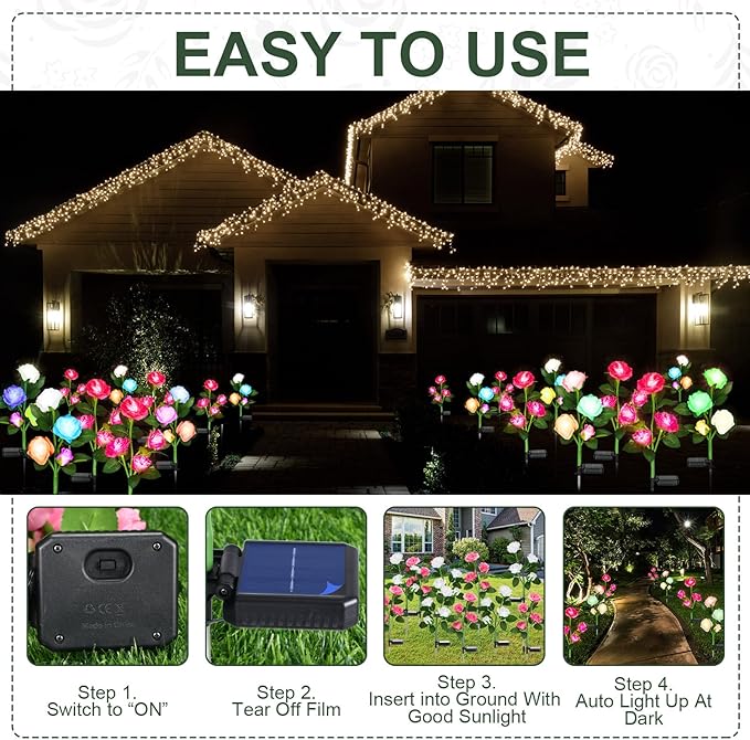 Geelin 10 Pcs Solar Rose Lights Outdoor Waterproof Solar Flower Lights with 40 Rose Flowers 7 Color Changed Decorative Solar Landscape Light for Weeding Garden Yard Patio Pathway Walkway
