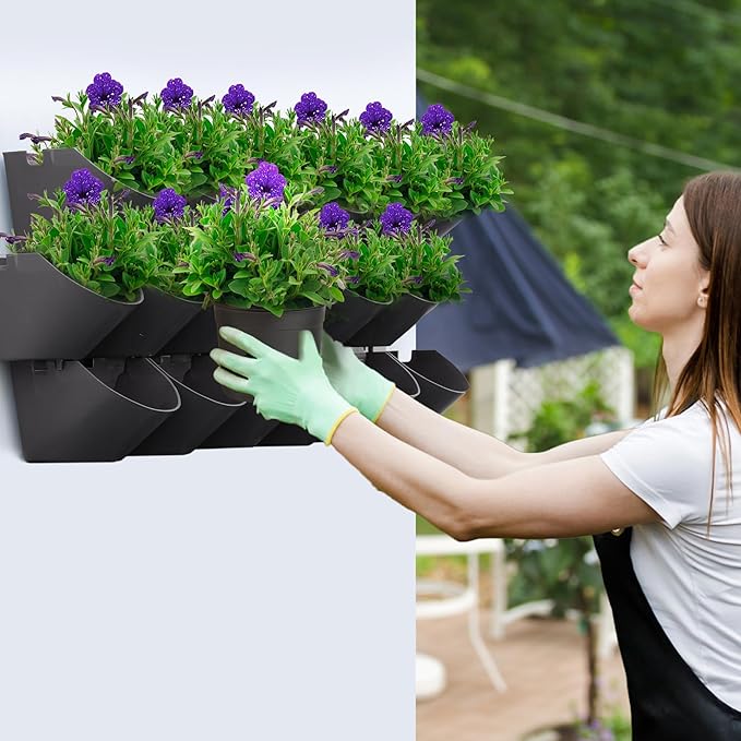 Worth Garden Upgraded 6 Sets (18 Pockets) Self Watering Stackable Vertical Planters - Wall Mounted Plastic Plant Grow Pots fr Strawberries Flowers Herbs - Indoor Outdoor Green Wall Decoration (Black)