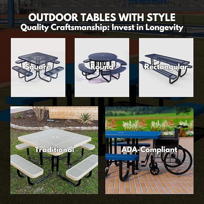 Heavy-Duty Portable Outdoor Picnic Table with Umbrella Hole, Expanded Metal Patio Dining Furniture Made in America (46" Round Top, Textured Black)