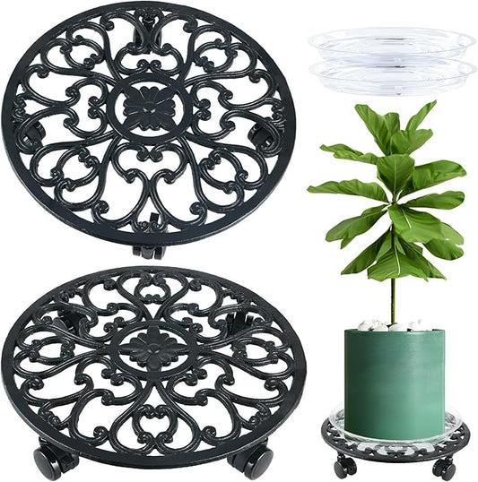 2 Packs 14 Inch Rolling Plant Stand with Wheels Metal Plant Caddy with Wheels Heavy Duty Round Plant Stand Indoor Iron Plants Rollers for Plants, Plant Dolly with Plant Saucers