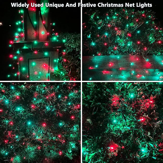 HISHINY LED Christmas Net Lights Outdoor, 5ftx5ft 100LED Green Wire, Connectable Bush Mesh Net Lights String for Halloween Christmas Party,Shrub,Yard,Tree（Red&Green）