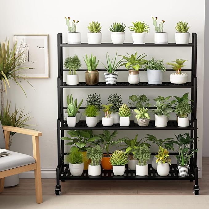 YIZAJIA Plant Stand Indoor 4 Tier Metal Outdoor Tiered Stands Shelf With wheel for Multiple Plants Potted Ladder Plant Holder Table Plant Pot Stand for Window Garden Balcony Living Room (4 Tier-Black)