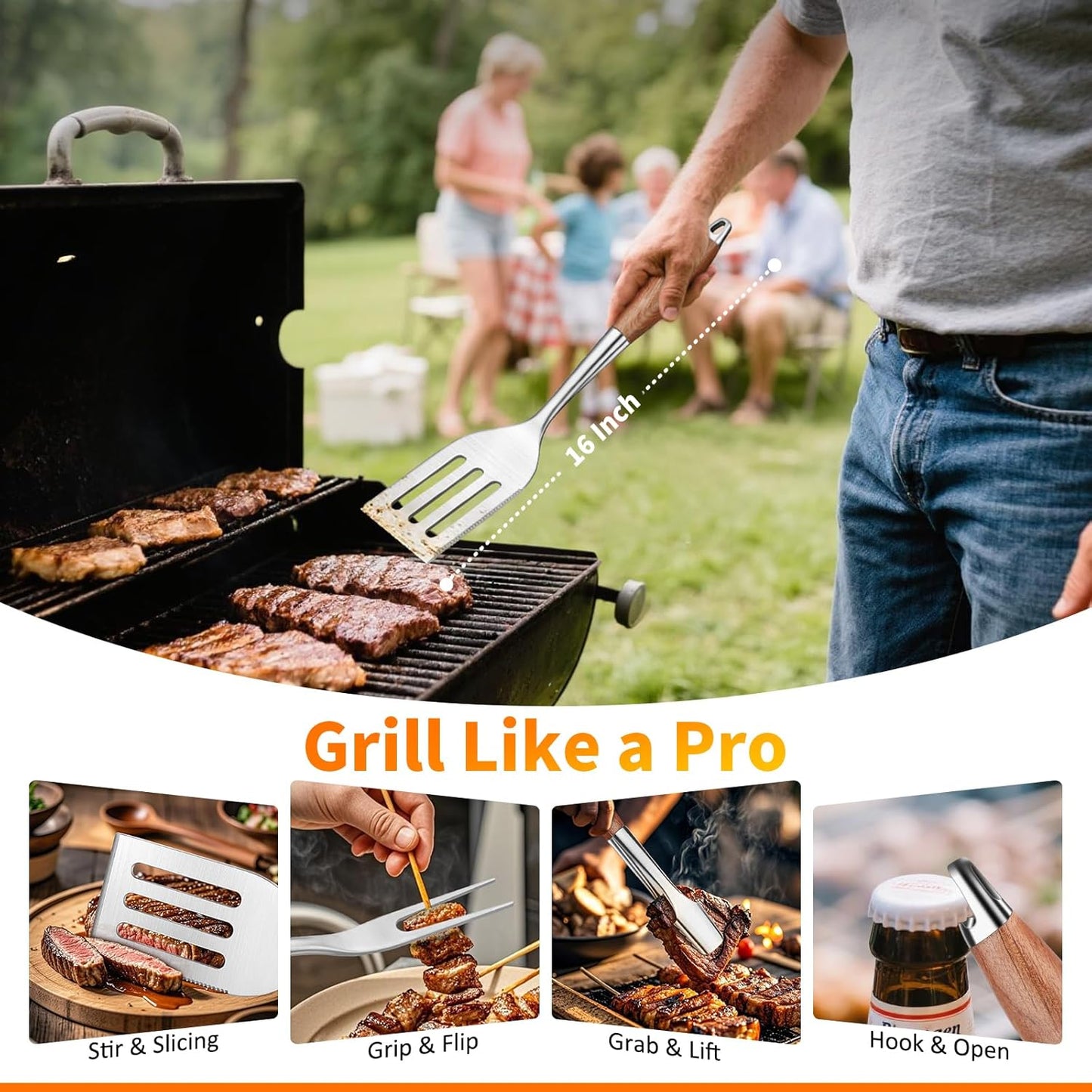 16 Inch Grilling Accessories Set, Heavy Duty Stainless Steel BBQ Accessories Tools and Grill Accessories for Outdoor Grill with Spatula, Fork, & Tongs - Grilling Gifts for Men Women Father