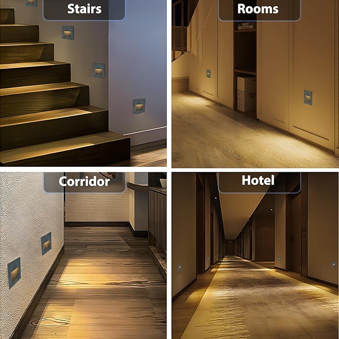 4pcs/3W Wall Recessed Stair Lights LED,Warm White,Indoor Step Light,Square Recessed Wall Light,Grey Cover Staircase Light IP20 for Indoor Stairs, Home, Kitchen, Attic, Aisle