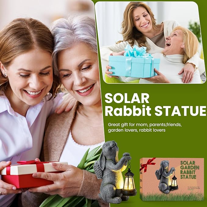 Solar Garden Outdoor Statues Rabbit with Solar Lantern,Outdoor Bunny Figurines Decorations,Lawn Decor Bunny Statue for Patio, Balcony, Yard Ornament,Unique Housewarming and Easter Gifts