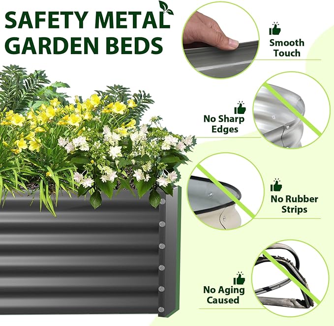 A ANLEOLIFE 8X4X1.5ft Galvanized Raised Garden Bed Kit, Rectangular Large Metal Deep Root Planters for Outdoor Plants Vegetables Flowers Herb, 359 Gallon Capacity- Quartz Grey