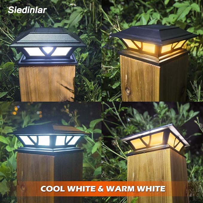 SIEDiNLAR Solar Post Lights Outdoor 2 Modes LED Deck Fence Cap Light for 4x4 5x5 6x6 Posts Patio Garden Decoration Warm White/Cool White Lighting Black (4 Pack)