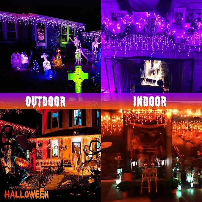 JMEXSUSS Halloween Icicle Lights, 400 LED, Orange to Purple, Waterproof, Outdoor, 43.64 ft, Remote Control, 40 Drops, Multicolor, Traditional Style, Halloween, Christmas Decorations