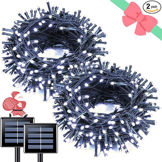 JMEXSUSS 2 Pack White Solar String Lights, Each 100 LED 33ft Green Wire Solar Lights Outdoor Waterproof for Outside Garden Wedding Party Decoration