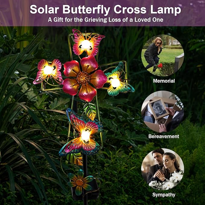 Solar Cross Garden Lights, 2 Pack Solar Butterfly Stake Lights Cemetery Decorations for Grave, Jesus Cross Sympathy Memorial Gifts for Mother Grandma, Metal Garden Art for Yard Lawn Patio Decor