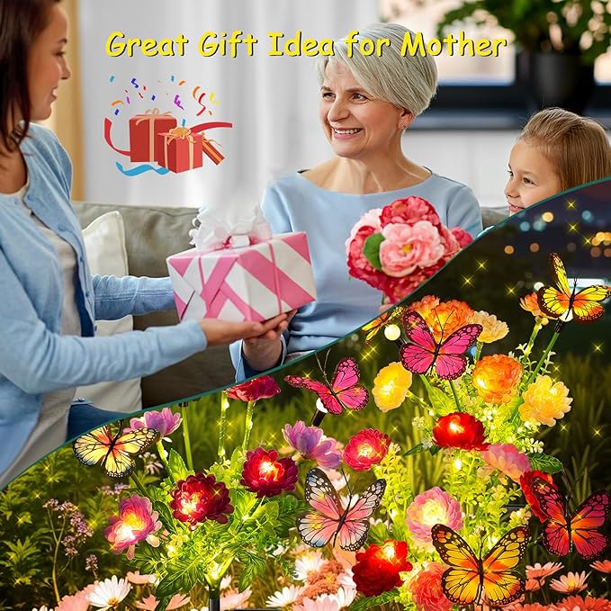 Solar Garden Lights, 3 Pack Swaying Solar Lights with 9 Butterflies & 21 Blooming Flowers, Solar Flowers Lights Outdoor Waterproof, Auto On/Off Solar Outdoor Lights for Yard Patio, Gift