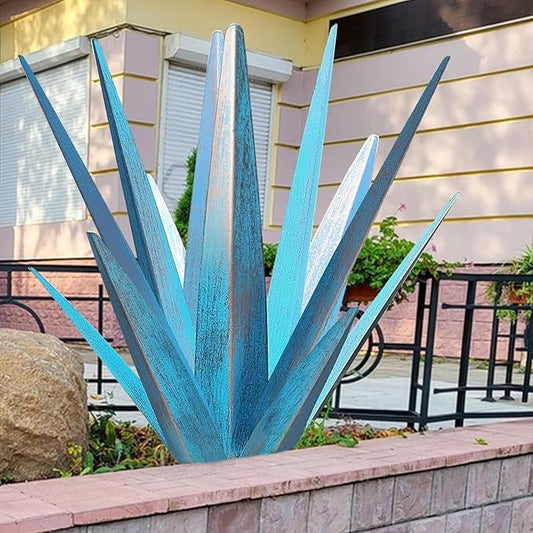 Enlarge Metal Plants Tequila Rustic Sculpture, Outdoor Patio Yard, Home Decor Hand Painted Agave Garden Statue, Outdoor Lawn Ornaments Yard Stakes for Mom Gift (1 Large Blue)